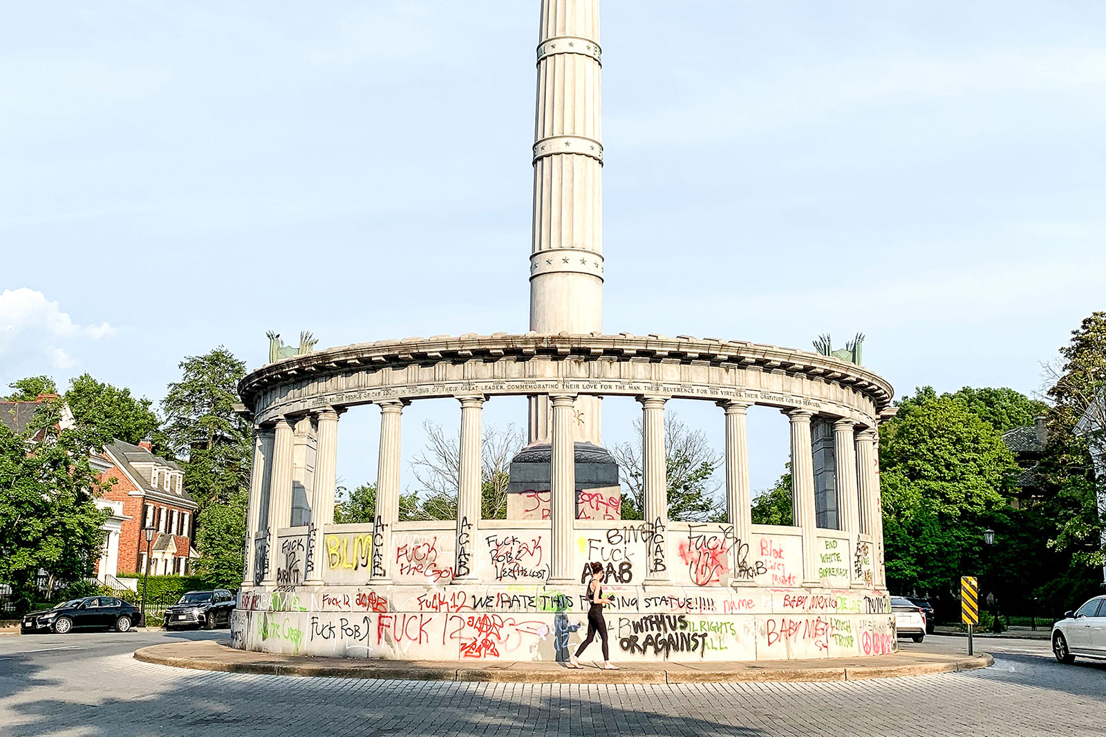 Graffiti messages cover what remains of the Jefferson Davis Memorial. The statue of Davis, the former president of the Confederate States, was unofficially removed by protestors in June. Photo by <a href="https://evergib.com/">EVERGIB.</a> Graffiti messages cover what remains of the Jefferson Davis Memorial. The statue of Davis, the former president of the Confederate States, was unofficially removed by protestors in June. Photo by <a href="https://evergib.com/">EVERGIB.</a>